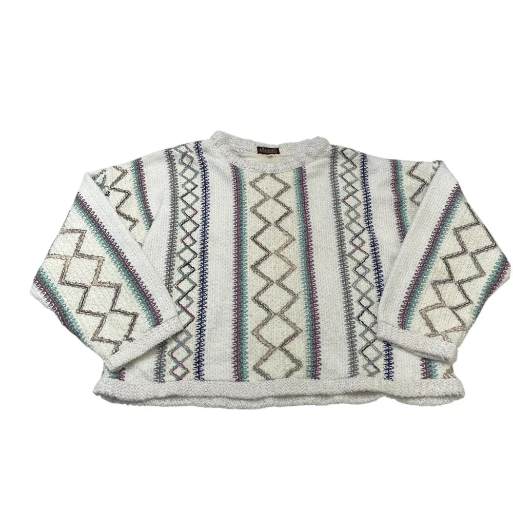 Vintage Bachrach Sweater White Geometric Pullover XL Oversized Cosby Grandpa